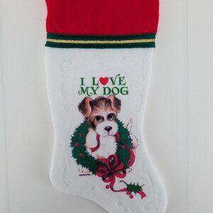 Vintage Santas Best Felt Stocking Terrier Dog in Wreath 15" The Trimmerry New